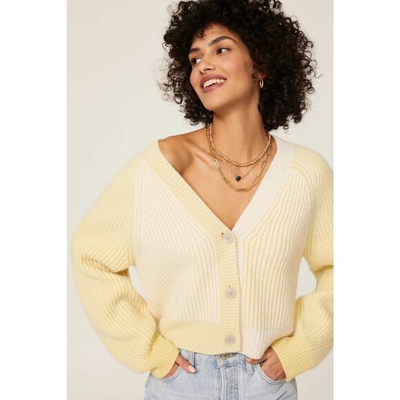 NAADAM Wool Cashmere Ribbed Color Block Fisherman Sweater Cardigan XS Cozy Crop - Picture 1 of 13